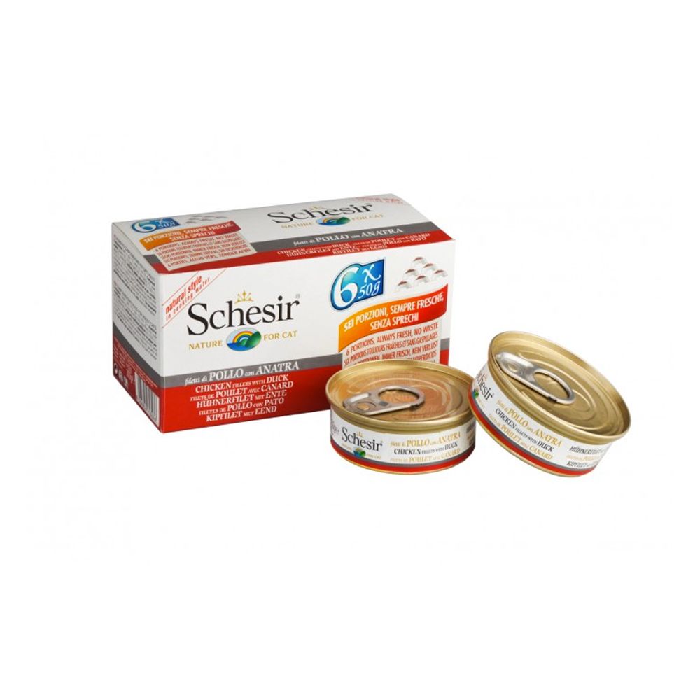 Schesir Cat (Eau de cuisson) - Poulet et canard - Multipack - Boîtes 6 x 50 g