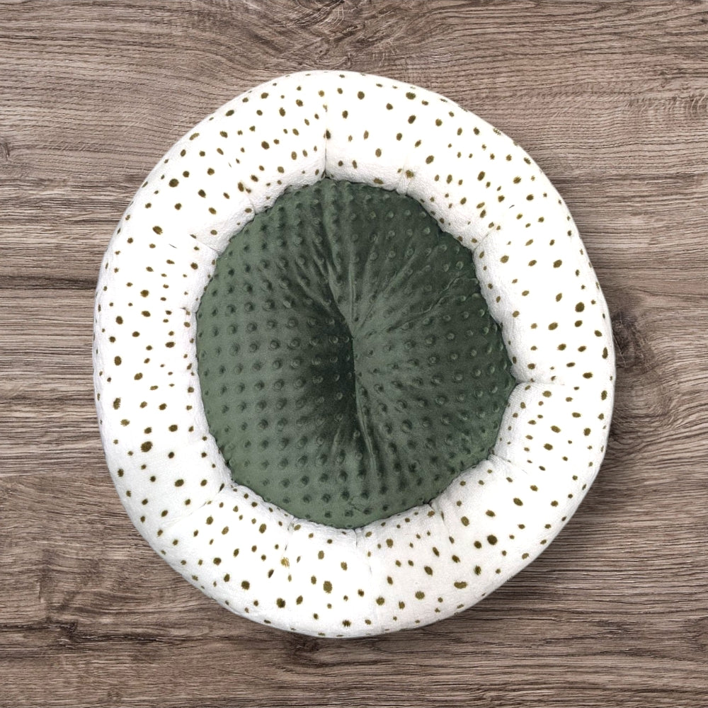 Coussin Douillet - pour arbre à chat - Ø 55 cm - Blanc avec pois verts foncés