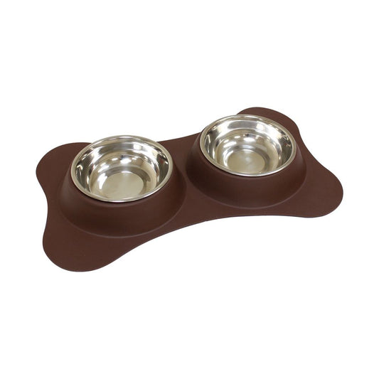 Gamelle double inox (2x 520 ml) avec support en silicone brun