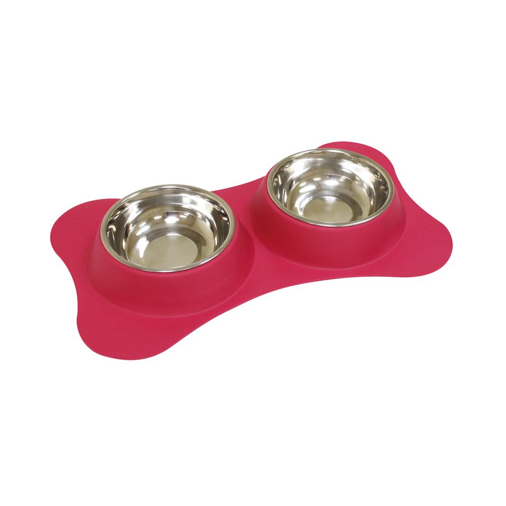 Gamelle double inox (2x 520 ml) avec support en silicone fuchsia