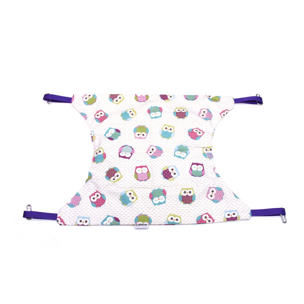 Hamac - Coton - Beige avec hiboux colorés - Sangles violettes - 55 x 45 cm