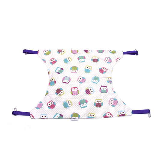 Hamac - Coton - Beige avec hiboux colorés - Sangles violettes - 55 x 45 cm