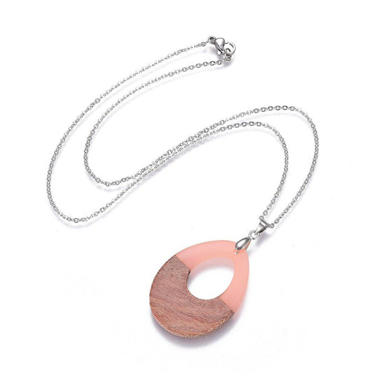 Collier avec chaîne en acier inoxydable et pendentif en bois et résine - 43.3 cm