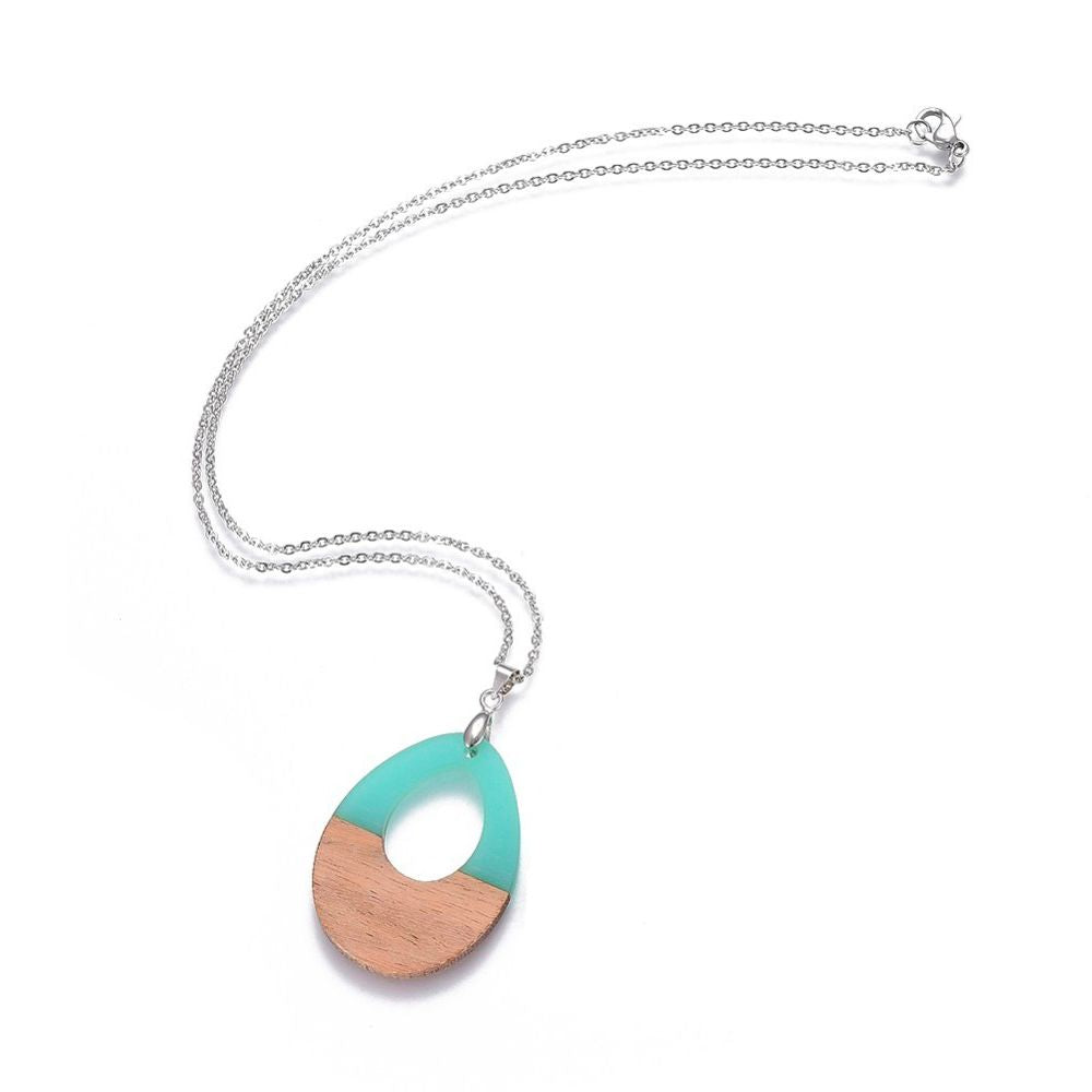 Collier avec chaîne en acier inoxydable et pendentif en bois et résine - 43.3 cm